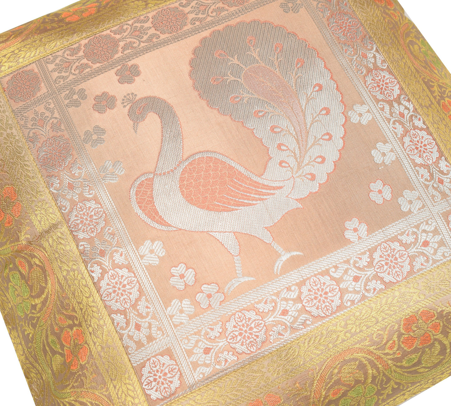 16x16" Gold, Peach Toned Cushion Covers Woven Zari Brocade Banarasi Silk Peacock