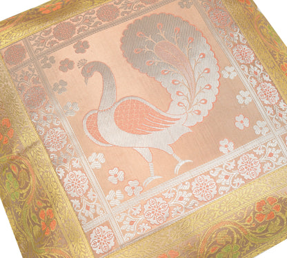 16x16" Gold, Peach Toned Cushion Covers Woven Zari Brocade Banarasi Silk Peacock