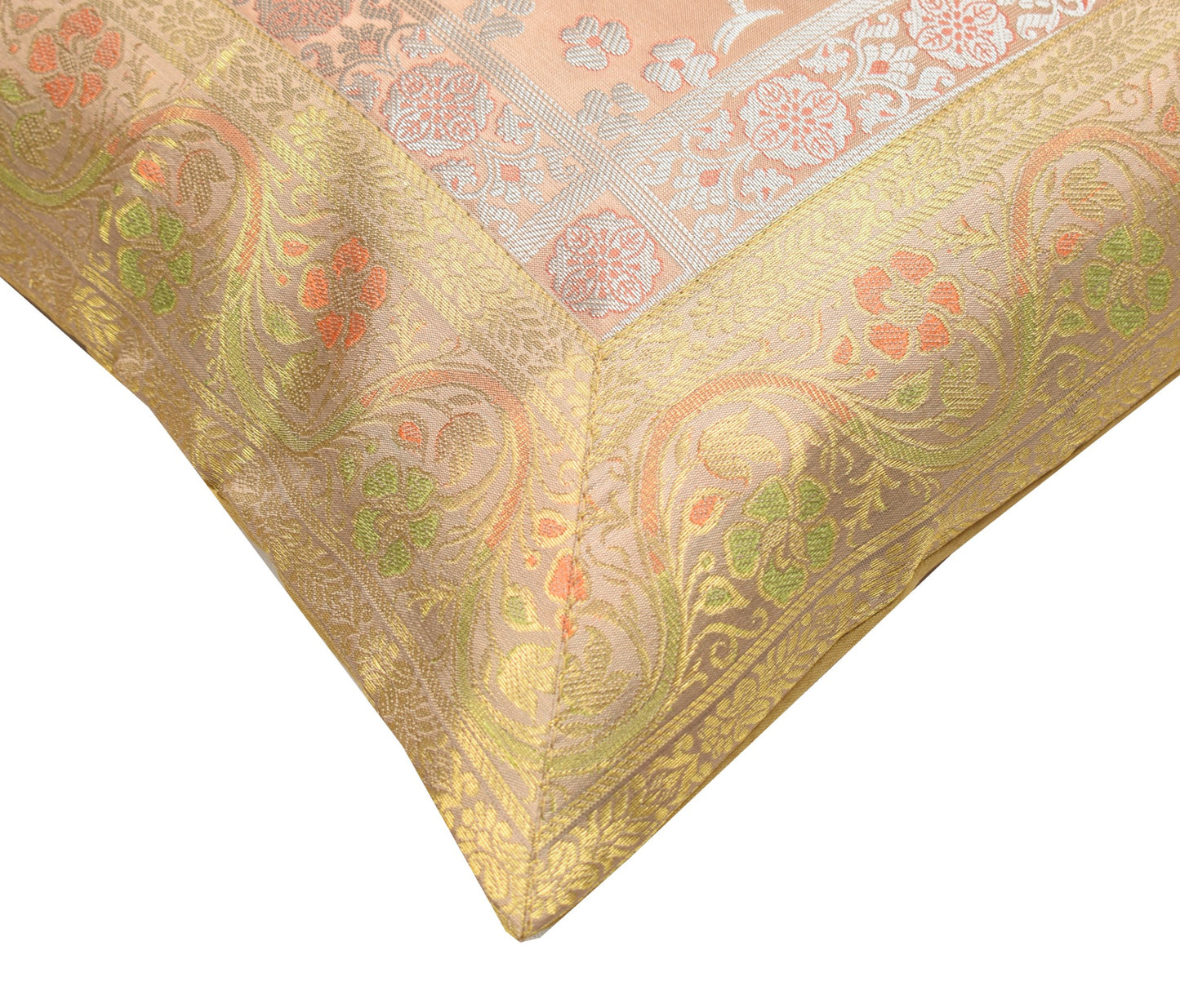 16x16" Gold, Peach Toned Cushion Covers Woven Zari Brocade Banarasi Silk Peacock