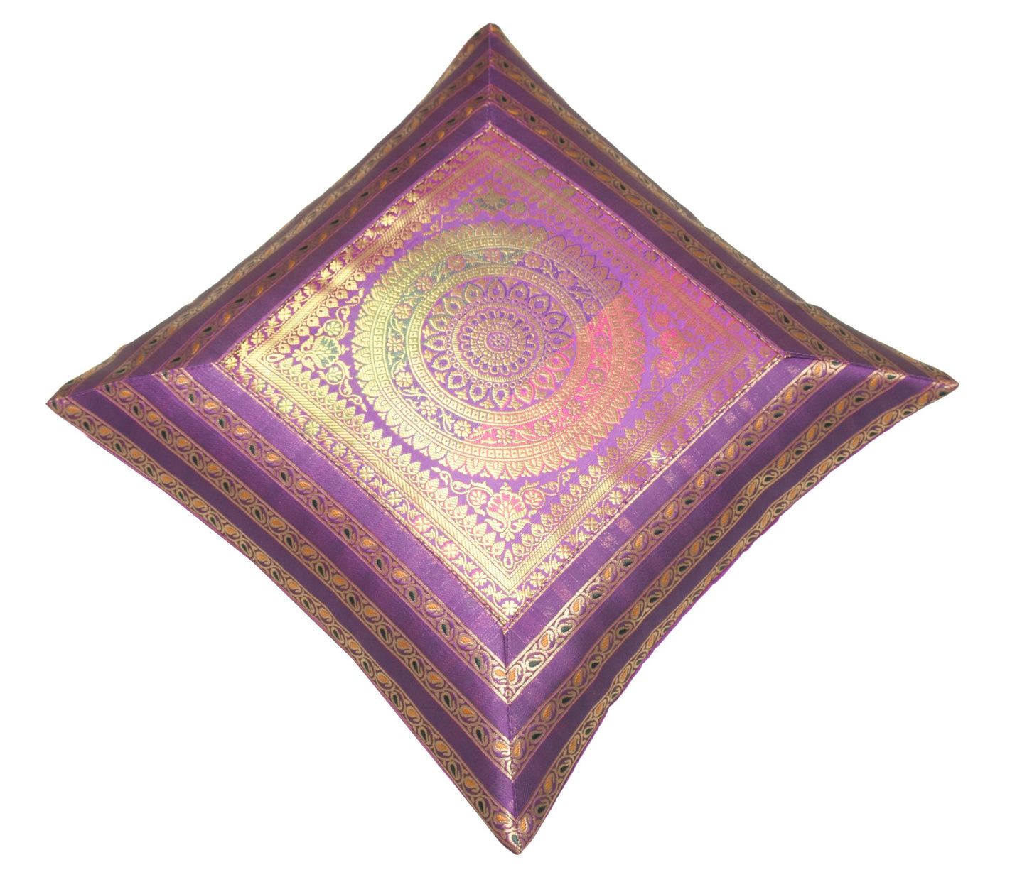 16x16" Purple Zari Brocade Banarasi Silk Mandala Cushion Covers Paisley Border