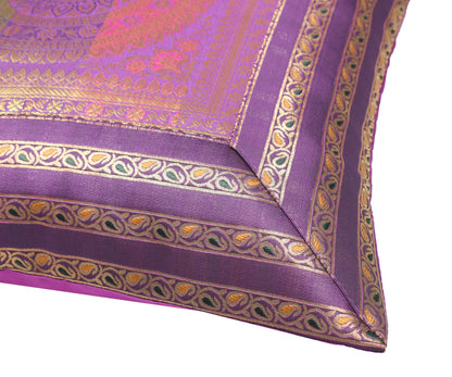 16x16" Purple Zari Brocade Banarasi Silk Mandala Cushion Covers Paisley Border