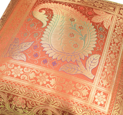 Indian 16x16" Rust Banarasi Silk Cushion Cover Featuring Zari Brocade Paisley