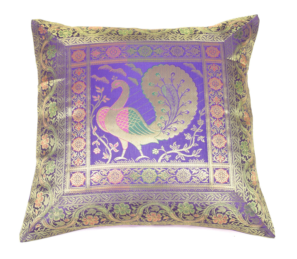16x16 Inch Blue Cushion Covers Indian Woven Zari Brocade Banarasi Silk Peacock