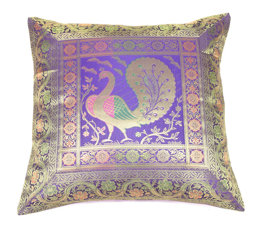 16x16 Inch Blue Cushion Covers Indian Woven Zari Brocade Banarasi Silk Peacock