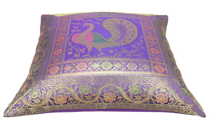 16x16 Inch Blue Cushion Covers Indian Woven Zari Brocade Banarasi Silk Peacock