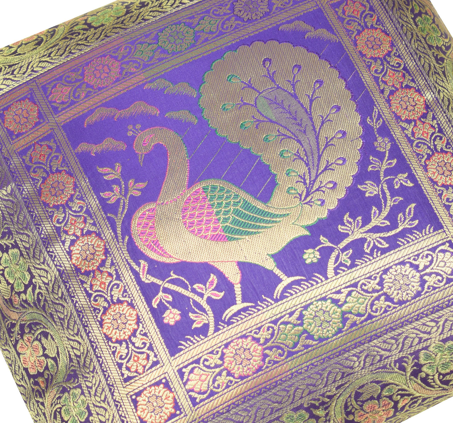 16x16 Inch Blue Cushion Covers Indian Woven Zari Brocade Banarasi Silk Peacock