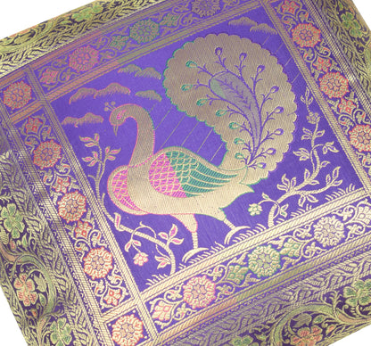 16x16 Inch Blue Cushion Covers Indian Woven Zari Brocade Banarasi Silk Peacock