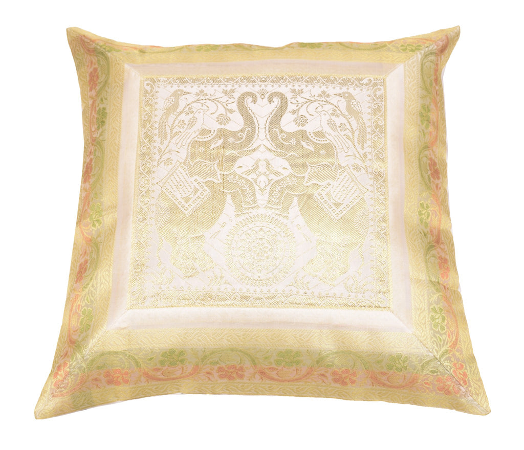 Elegant White Banarasi Silk Cushion Cover (16x16) Zari Brocade Elephant Motifs