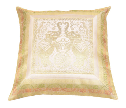 Elegant White Banarasi Silk Cushion Cover (16x16) Zari Brocade Elephant Motifs