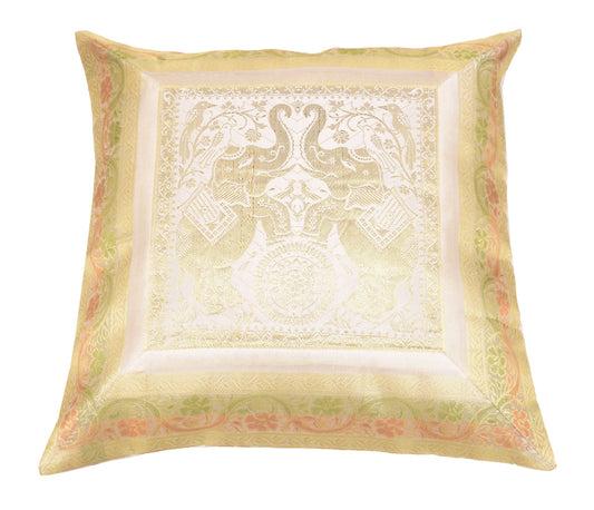 Elegant White Banarasi Silk Cushion Cover (16x16) Zari Brocade Elephant Motifs