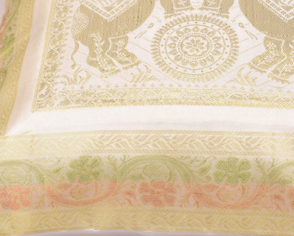 Elegant White Banarasi Silk Cushion Cover (16x16) Zari Brocade Elephant Motifs