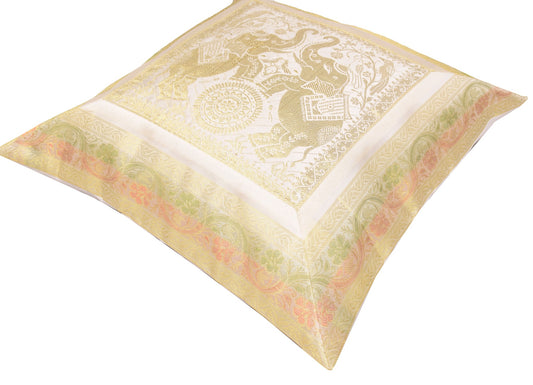 Elegant White Banarasi Silk Cushion Cover (16x16) Zari Brocade Elephant Motifs
