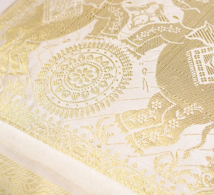 Elegant White Banarasi Silk Cushion Cover (16x16) Zari Brocade Elephant Motifs