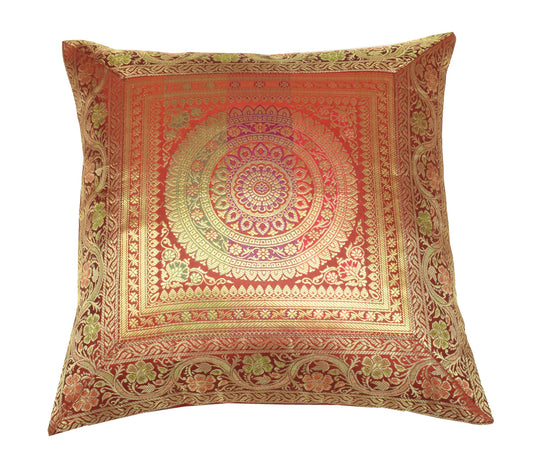 Red 16x16 Inch Indian Woven Zari Brocade Banarasi Silk Mandala Cushion Covers