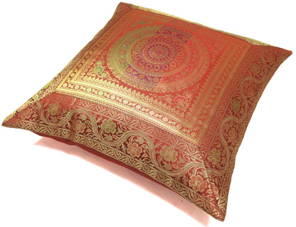 Red 16x16 Inch Indian Woven Zari Brocade Banarasi Silk Mandala Cushion Covers