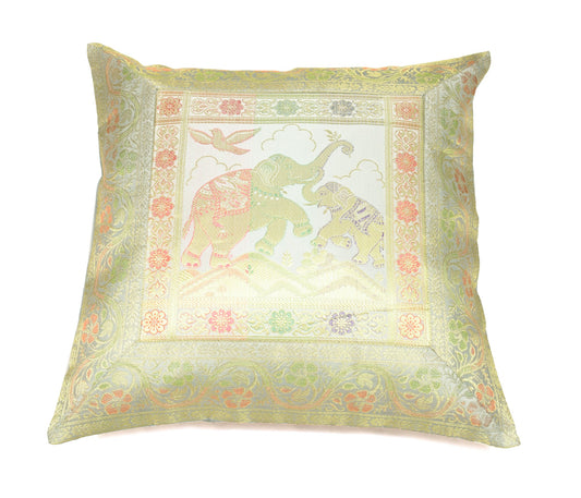 Elegant Gray Banarasi Silk Cushion Cover (16x16) Zari Brocade Elephant Motifs