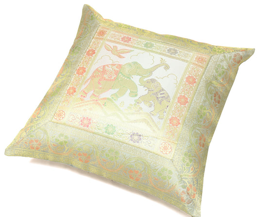 Elegant Gray Banarasi Silk Cushion Cover (16x16) Zari Brocade Elephant Motifs