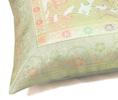 Elegant Gray Banarasi Silk Cushion Cover (16x16) Zari Brocade Elephant Motifs