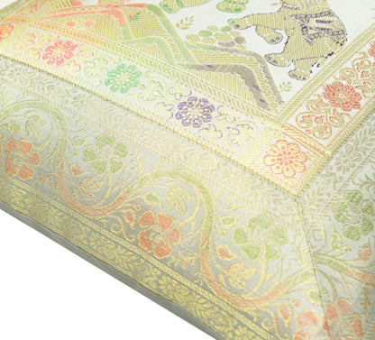 Elegant Gray Banarasi Silk Cushion Cover (16x16) Zari Brocade Elephant Motifs