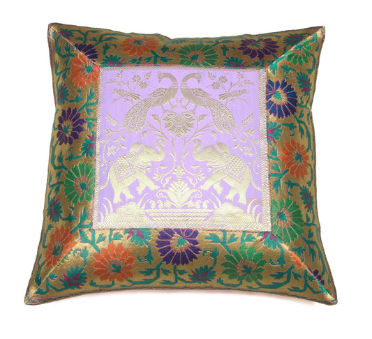 16x16" Cushion Covers  Zari Brocade Banarasi Silk Elephant & Pocock Lavender