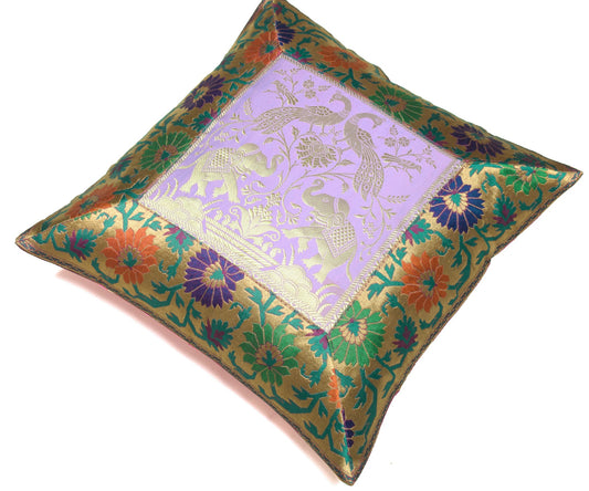 16x16" Cushion Covers  Zari Brocade Banarasi Silk Elephant & Pocock Lavender