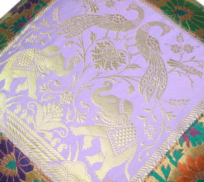 16x16" Cushion Covers  Zari Brocade Banarasi Silk Elephant & Pocock Lavender