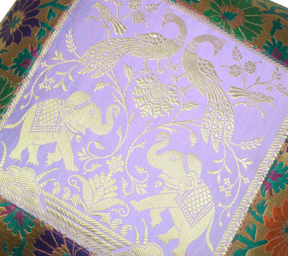 16x16" Cushion Covers  Zari Brocade Banarasi Silk Elephant & Pocock Lavender