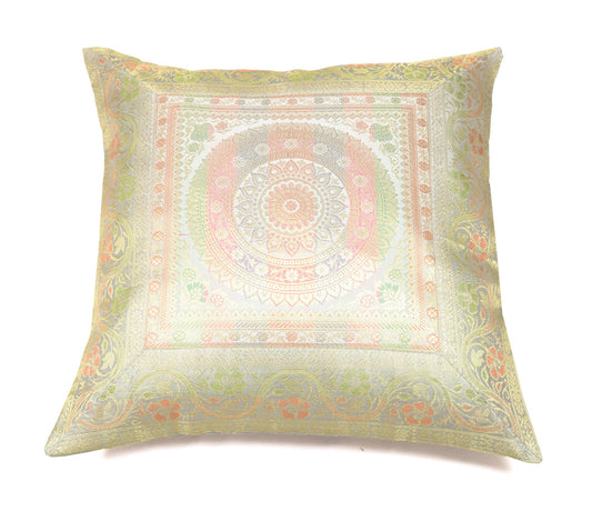 Elegant Gray Banarasi Silk Cushion Cover – 16x16 Inch with Zari Woven Mandala