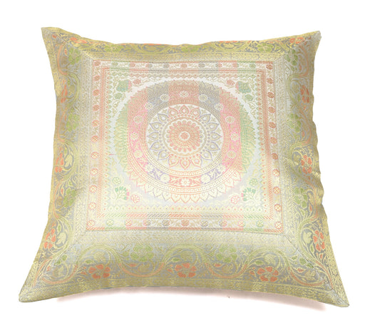 Elegant Gray Banarasi Silk Cushion Cover – 16x16 Inch with Zari Woven Mandala