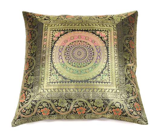 16x16 Inch Black Indian Banarasi Silk Cushion Cover with Zari Brocade Mandala
