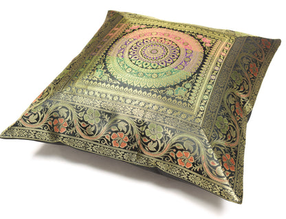 16x16 Inch Black Indian Banarasi Silk Cushion Cover with Zari Brocade Mandala