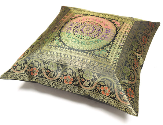 16x16 Inch Black Indian Banarasi Silk Cushion Cover with Zari Brocade Mandala