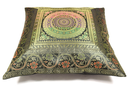 16x16 Inch Black Indian Banarasi Silk Cushion Cover with Zari Brocade Mandala