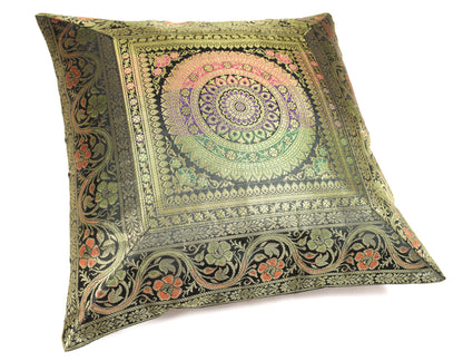 16x16 Inch Black Indian Banarasi Silk Cushion Cover with Zari Brocade Mandala
