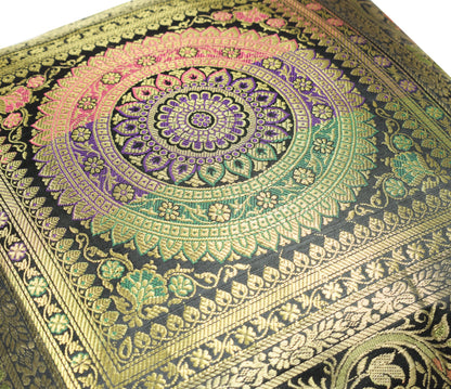 16x16 Inch Black Indian Banarasi Silk Cushion Cover with Zari Brocade Mandala