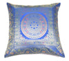 Woven Blue Banarasi Silk Cushion Cover Zari Mandala with Floral Lace– 16x16 Inch