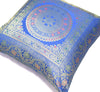 Woven Blue Banarasi Silk Cushion Cover Zari Mandala with Floral Lace– 16x16 Inch