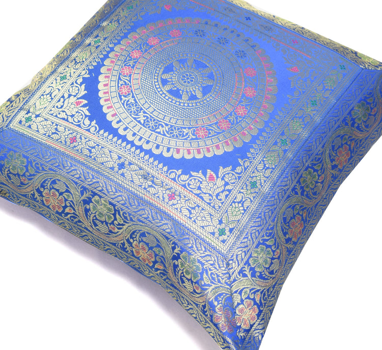 Woven Blue Banarasi Silk Cushion Cover Zari Mandala with Floral Lace– 16x16 Inch