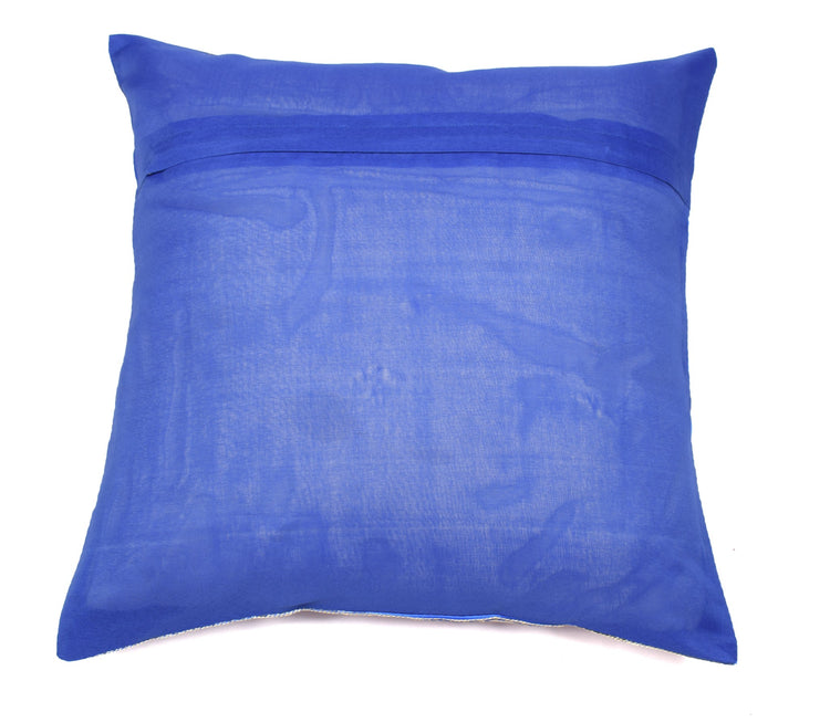 Woven Blue Banarasi Silk Cushion Cover Zari Mandala with Floral Lace– 16x16 Inch
