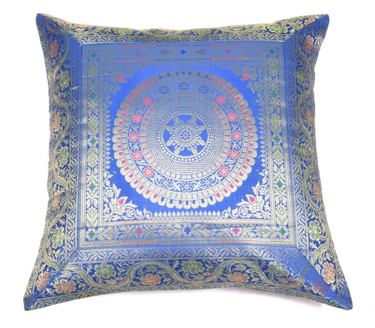 Woven Blue Banarasi Silk Cushion Cover Zari Mandala with Floral Lace– 16x16 Inch