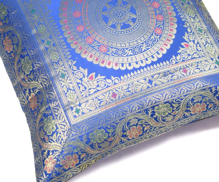 Woven Blue Banarasi Silk Cushion Cover Zari Mandala with Floral Lace– 16x16 Inch