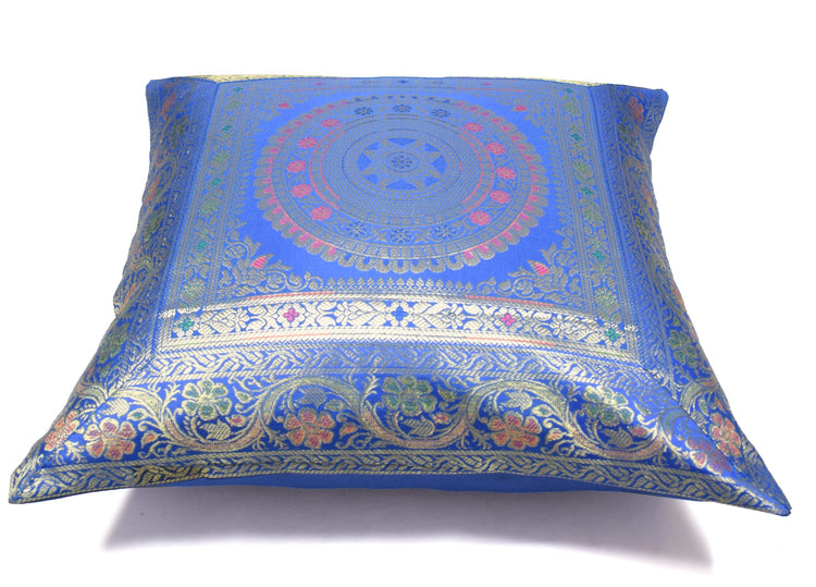 Woven Blue Banarasi Silk Cushion Cover Zari Mandala with Floral Lace– 16x16 Inch