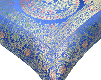 Woven Blue Banarasi Silk Cushion Cover Zari Mandala with Floral Lace– 16x16 Inch