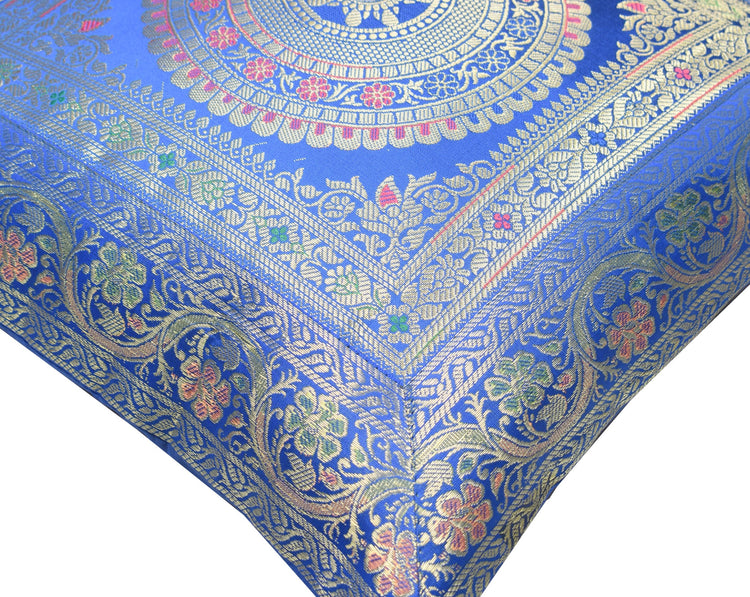 Woven Blue Banarasi Silk Cushion Cover Zari Mandala with Floral Lace– 16x16 Inch