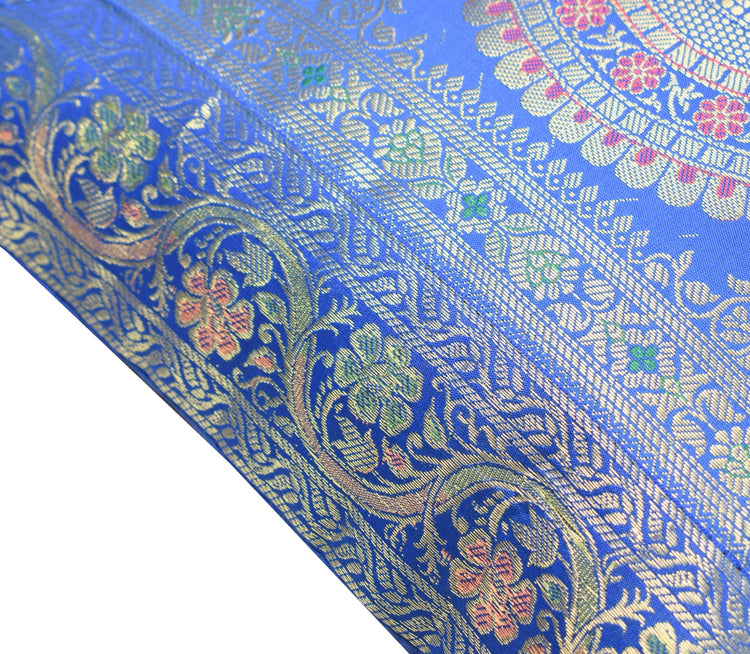 Woven Blue Banarasi Silk Cushion Cover Zari Mandala with Floral Lace– 16x16 Inch