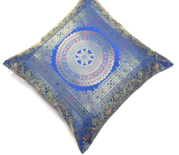 Woven Blue Banarasi Silk Cushion Cover Zari Mandala with Floral Lace– 16x16 Inch