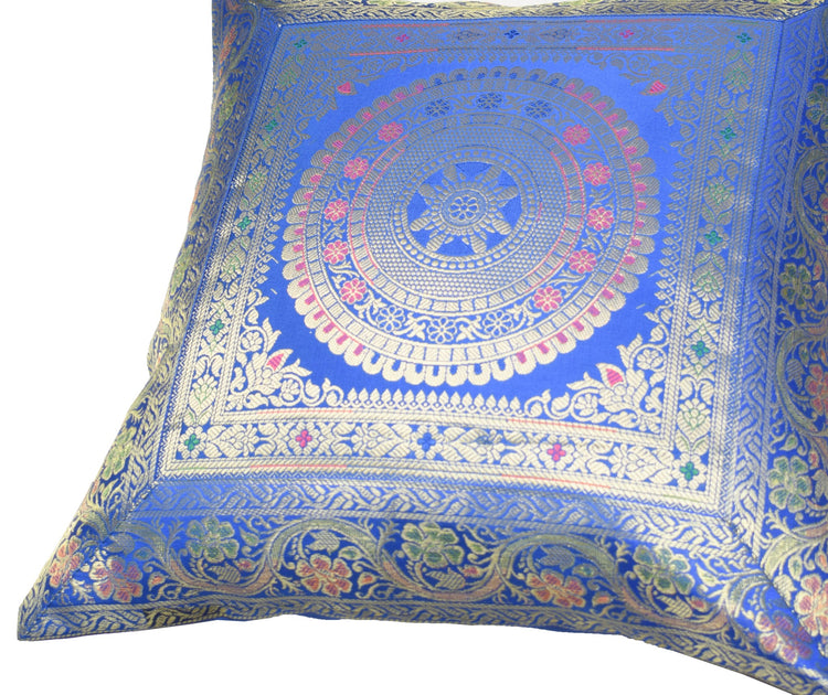 Woven Blue Banarasi Silk Cushion Cover Zari Mandala with Floral Lace– 16x16 Inch