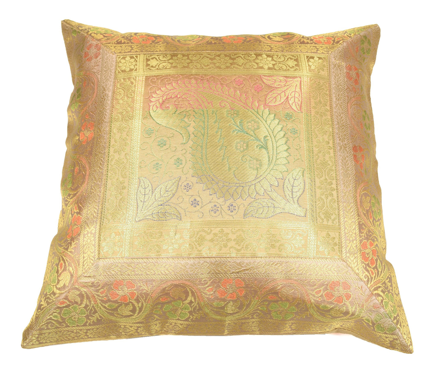 16x16" Beige-Gold Banarasi Silk Cushion Cover Featuring Zari Brocade Paisley
