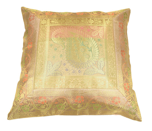 16x16" Beige-Gold Banarasi Silk Cushion Cover Featuring Zari Brocade Paisley
