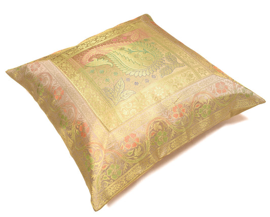 16x16" Beige-Gold Banarasi Silk Cushion Cover Featuring Zari Brocade Paisley